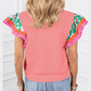 REDUCED!!!  Kloe Peach Blossom  Contrast Ricrac Floral Sleeve Top  REDUCED!!!
