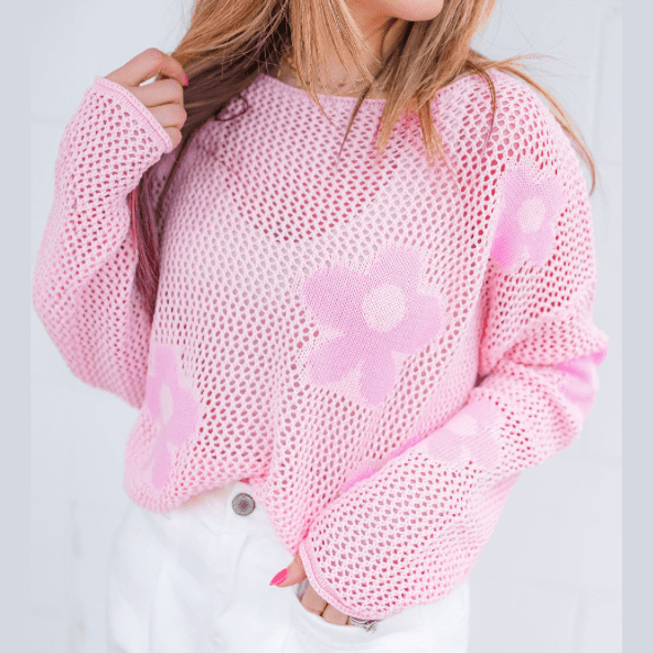 Magdalene Light Pink Big Flower Hollowed Knit Drop Shoulder Sweater