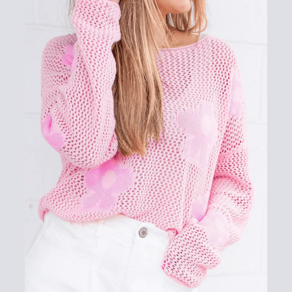 Magdalene Light Pink Big Flower Hollowed Knit Drop Shoulder Sweater