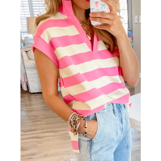 Mylah Pink Stripe V Neck Collared Cap Sleeve Top