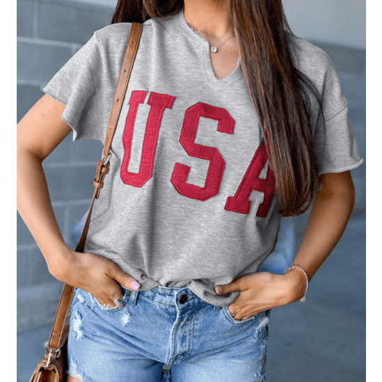 USA Light Grey Lettering Patch Notched Neck Loose Tee