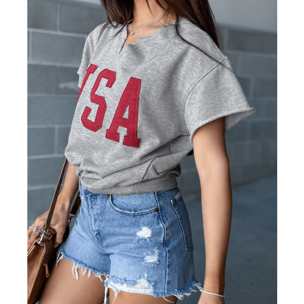 USA Light Grey Lettering Patch Notched Neck Loose Tee