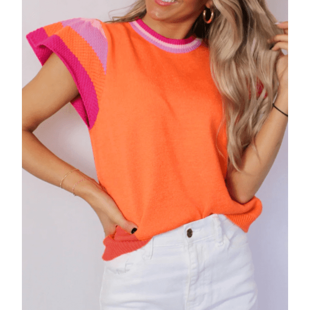 Ivana Carrot Contrast Flutter Sleeves Knitted Sweater T Shirt