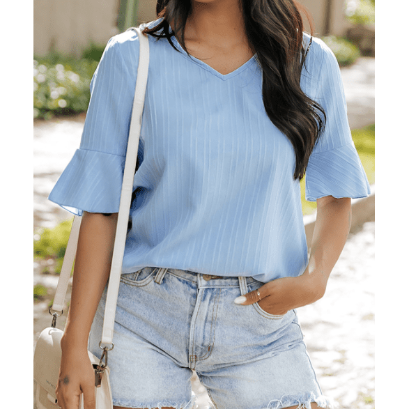 Brixslee Beau Blue Ruffled Half Sleeve V Neck Textured Top