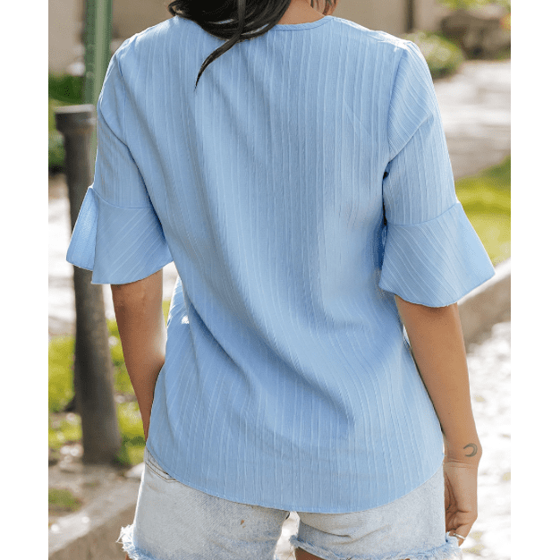 Brixslee Beau Blue Ruffled Half Sleeve V Neck Textured Top