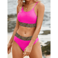 Katarine Hot Pink Striped Patchwork Spaghetti Strap High Waist Bikini Swimsuit