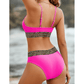 Katarine Hot Pink Striped Patchwork Spaghetti Strap High Waist Bikini Swimsuit