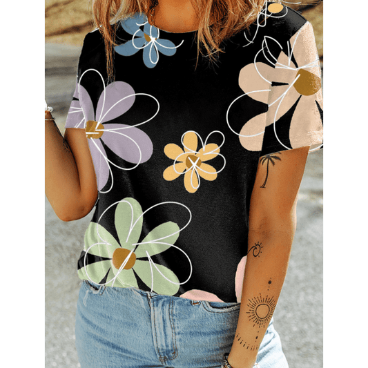Phillipa Black Summer Flower Print Casual Round Neck T Shirt