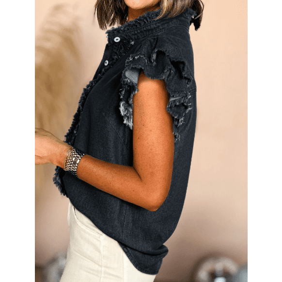 Kristy Black Button Front Ruffled Flutter Frayed Denim Top