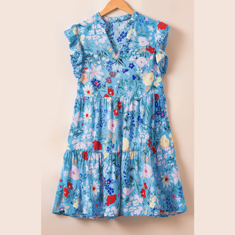 Gwenyth Sky Blue Floral Flutter Sleeve V Neck Ruffled Dress