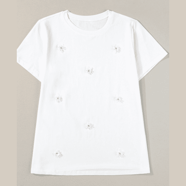 Sylvie White Flower Applique Round Neck T-shirt