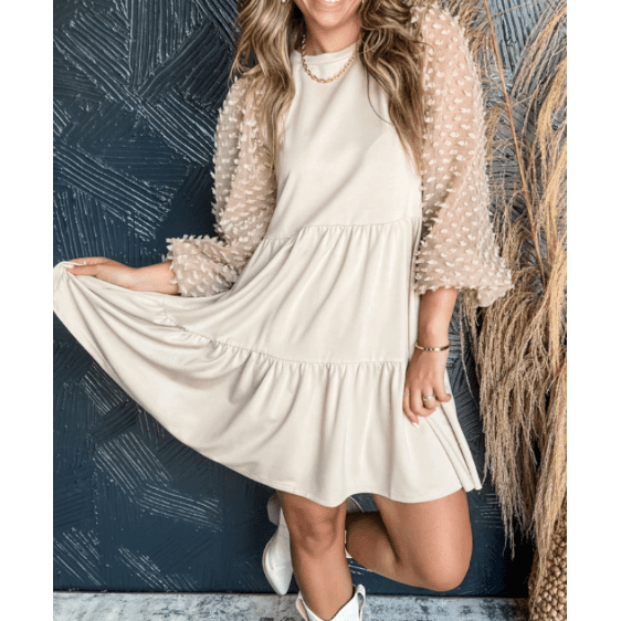 Cori Beige Embellished Puff Sleeve Tiered A-line Dress