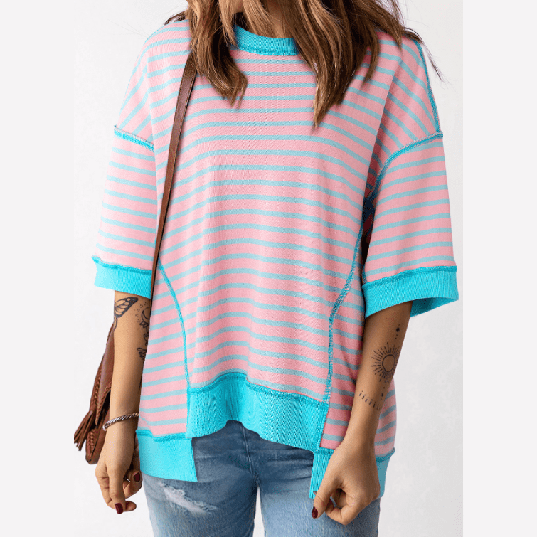 Jayla Pink Stripe Contrast Trim Exposed Seam High Low Stripe T Shirt