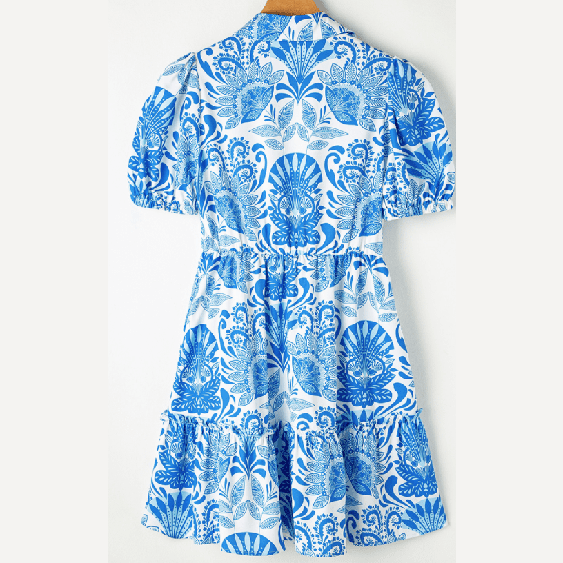 Jamaya Sky Blue Retro Floral Print Drawstring Waist Ruffled Mini Dress