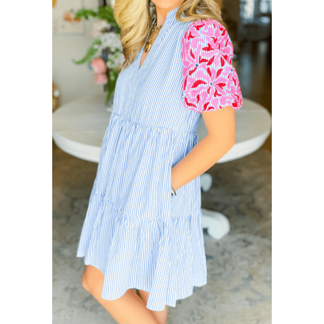 Binky Sky Blue Stripe Contrast Floral Puff Sleeve Tiered Ruffle Dress