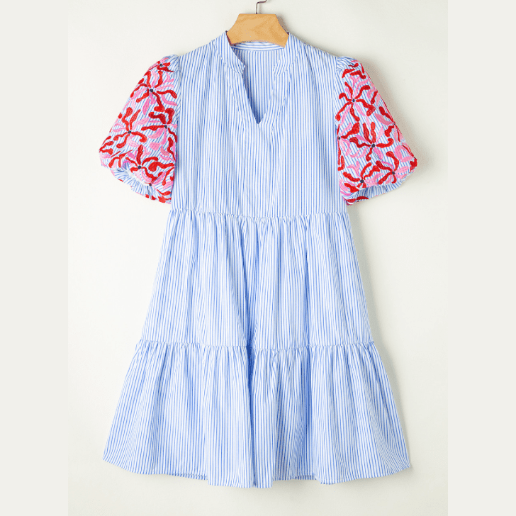 Binky Sky Blue Stripe Contrast Floral Puff Sleeve Tiered Ruffle Dress