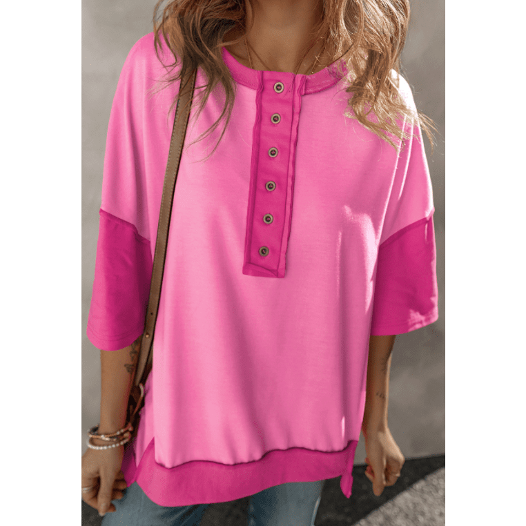 Marbelle Pink Contrast Color Patchwork Half Button T Shirt