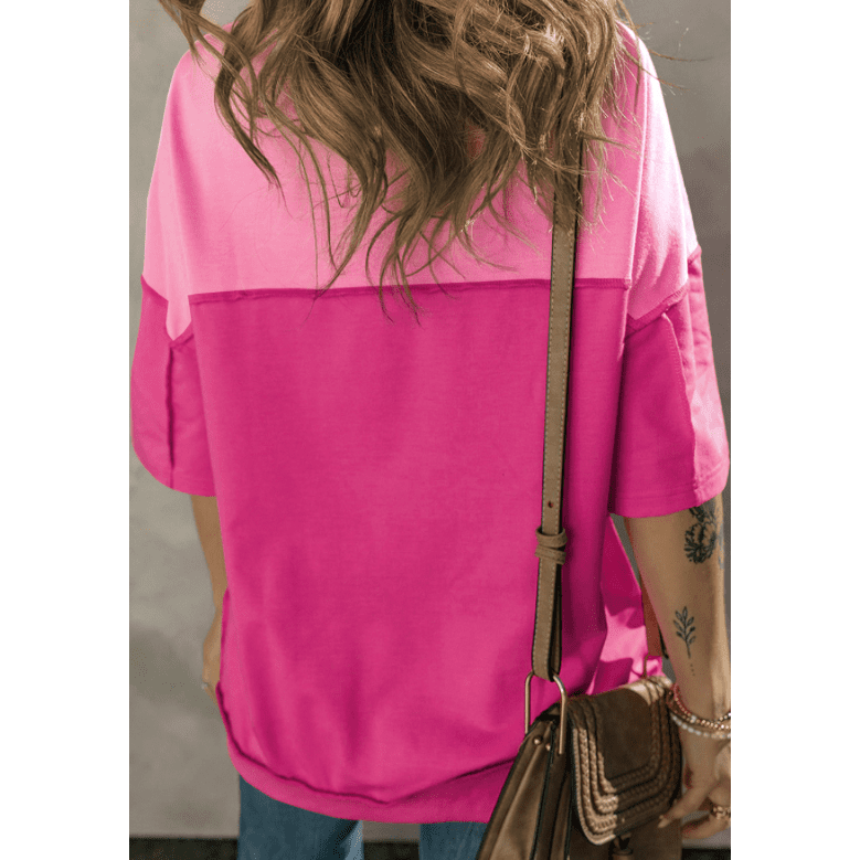 Marbelle Pink Contrast Color Patchwork Half Button T Shirt