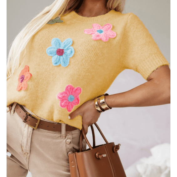 Jacqulin Yellow Flower Applique Short Sleeve Sweater