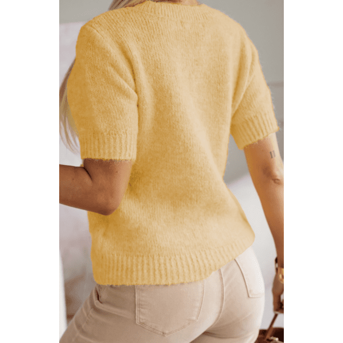 Jacqulin Yellow Flower Applique Short Sleeve Sweater