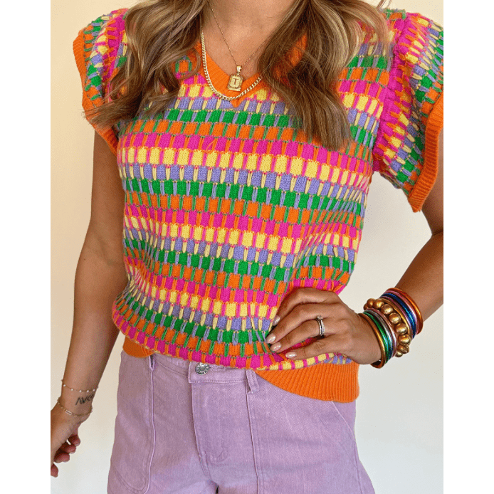 REDUCED!!!  Lisa Orange Multi Flutter Sleeve Knitted Sweater Top  REDUCED!!!