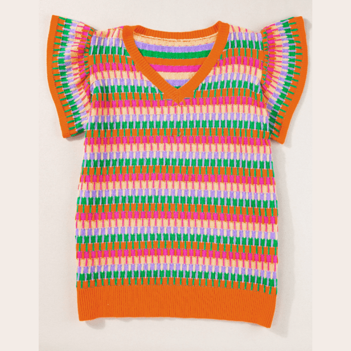 REDUCED!!!  Lisa Orange Multi Flutter Sleeve Knitted Sweater Top  REDUCED!!!