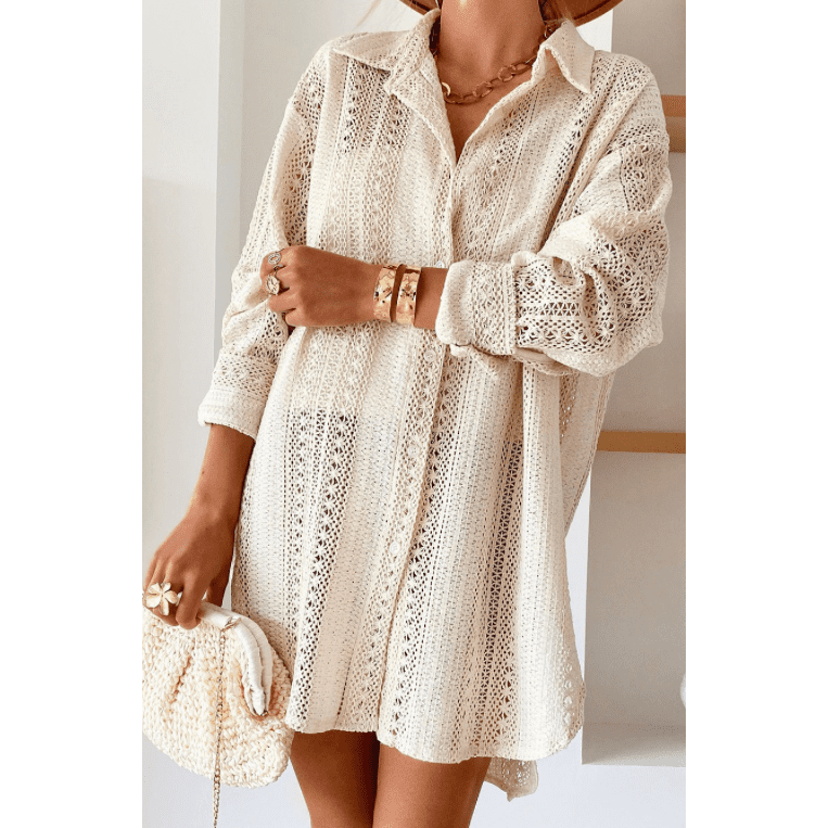 Kerstan Beige Lace Crochet Collared Tunic Oversized Shirt