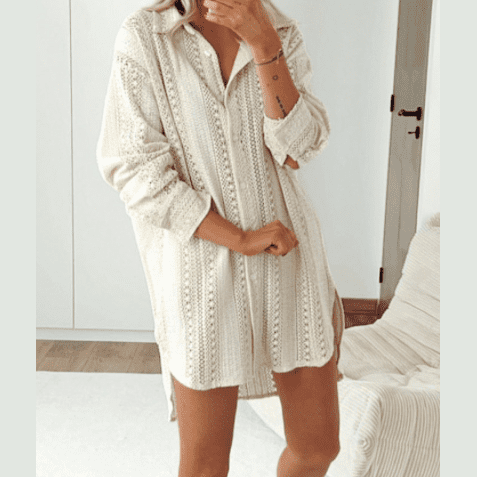 Kerstan Beige Lace Crochet Collared Tunic Oversized Shirt