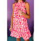 Nerissa Pink Abstract Print Frilly Neck Sleeveless Mini Dress