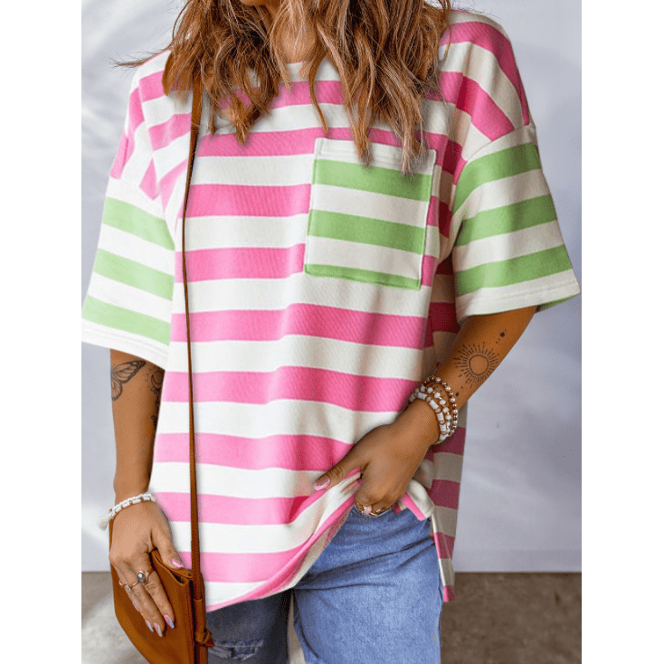 Carmina Pink Stripe Contrast Patch Pocket Drop Sleeve T Shirt