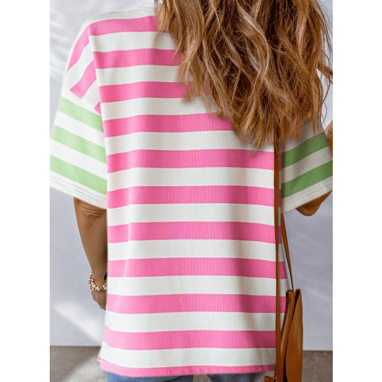 Carmina Pink Stripe Contrast Patch Pocket Drop Sleeve T Shirt