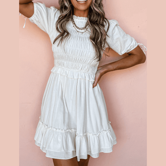 Catie White Tie Short Sleeves Smocked Ruffle Mini Dress