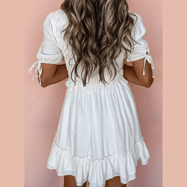 Catie White Tie Short Sleeves Smocked Ruffle Mini Dress