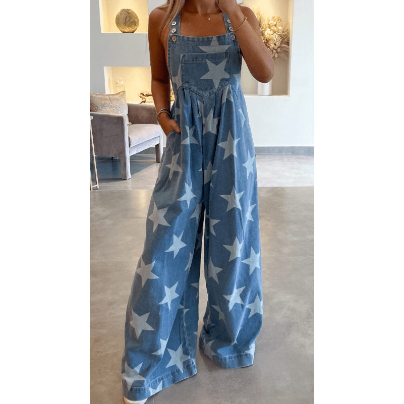 Janaya Star Print Buttoned Strap Pleat Wide Leg Denim Overall