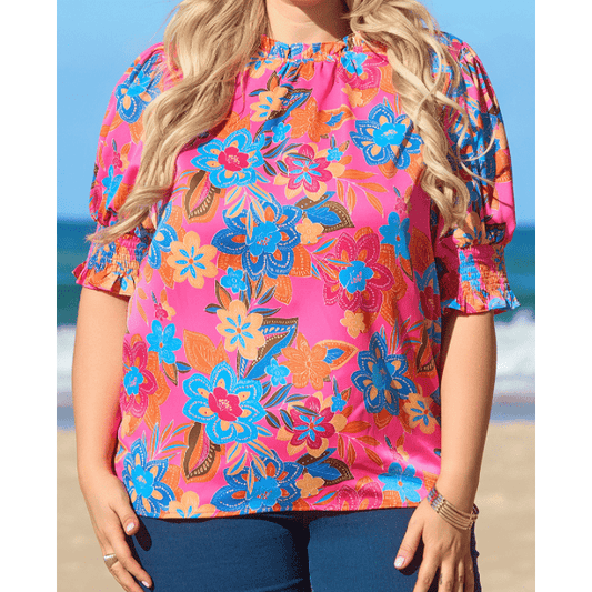 Clarita PLUS SIZE Floral Print Frilly Neck Puff Sleeve Blouse