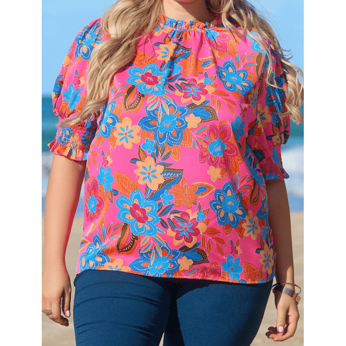 Clarita PLUS SIZE Floral Print Frilly Neck Puff Sleeve Blouse