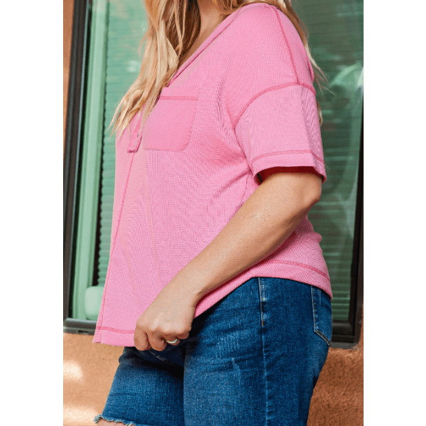 Dolly Pink PLUS SIZE Waffle Knit Exposed Seam V Neck Henley T-shirt