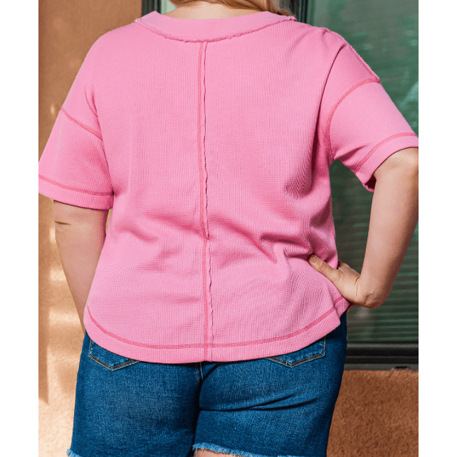 Dolly Pink PLUS SIZE Waffle Knit Exposed Seam V Neck Henley T-shirt