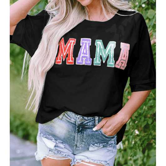 Mama Black MAMA Chenille Patched Crew Neck T Shirt