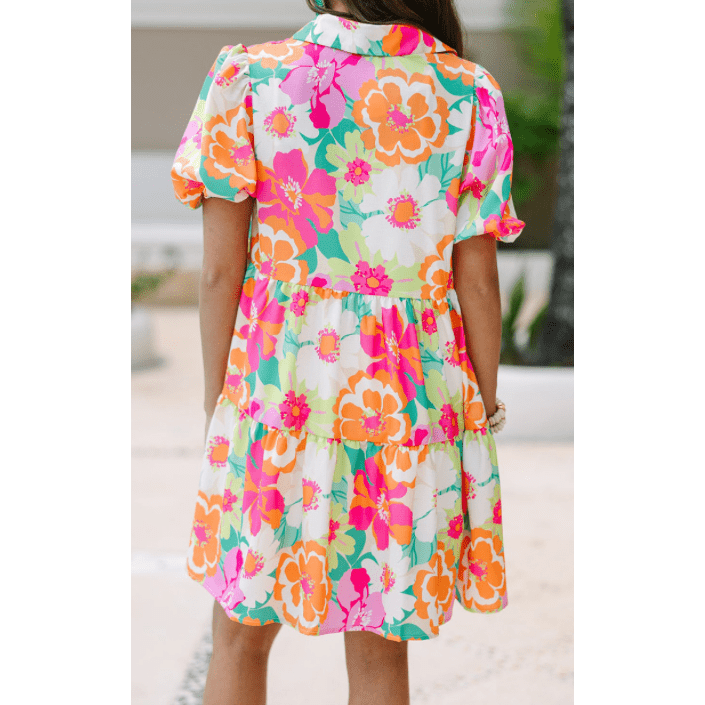 Geneva Pink Floral Puff Sleeve Collar Buttoned Babydoll Dress