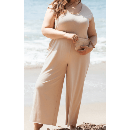 Galinda Light French Beige Cap Sleeve Round Neck PLUS SIZE Wide Leg Jumpsuit