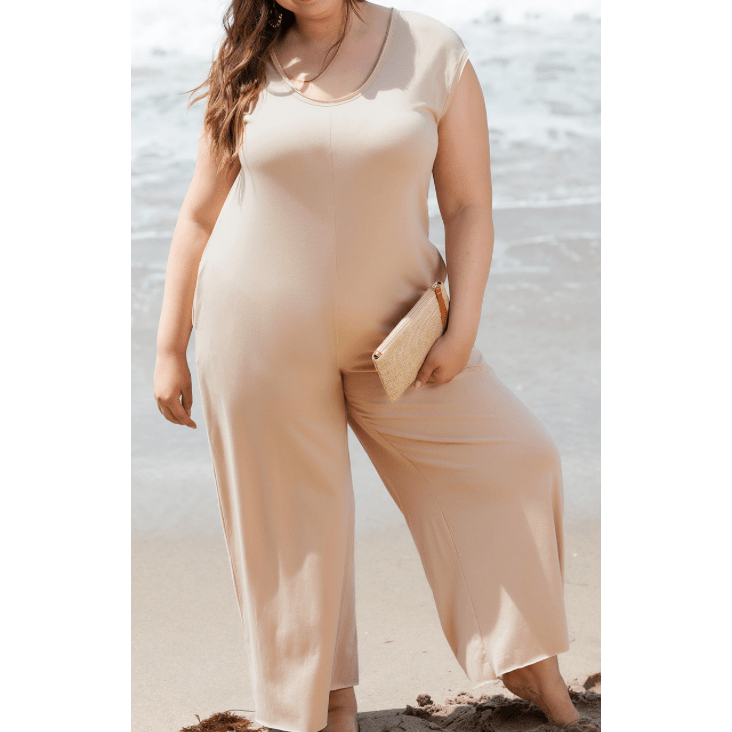 Galinda Light French Beige Cap Sleeve Round Neck PLUS SIZE Wide Leg Jumpsuit