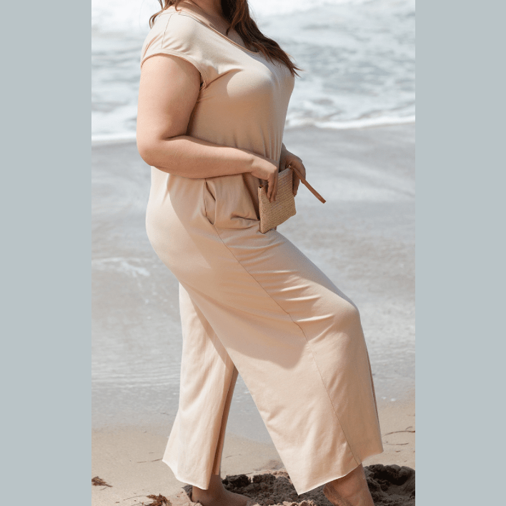 Galinda Light French Beige Cap Sleeve Round Neck PLUS SIZE Wide Leg Jumpsuit