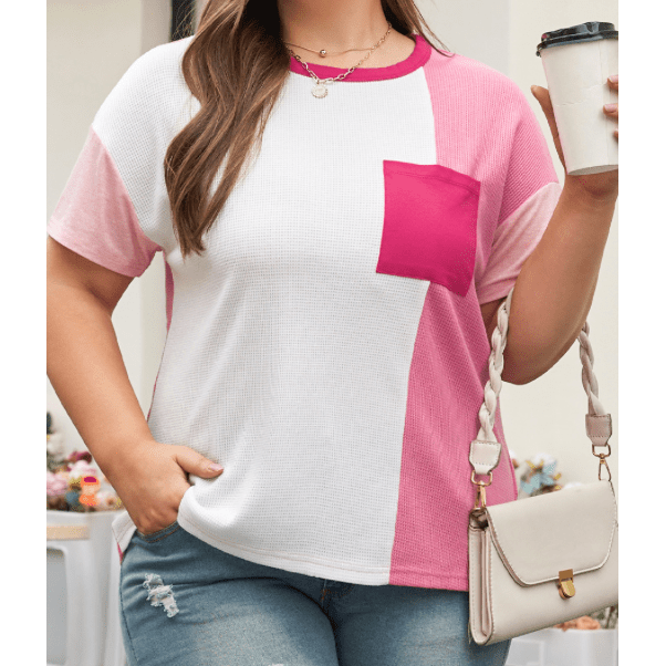 Shermaine Peach Blossom Colorblock Patchwork PLUS SIZE T-shirt