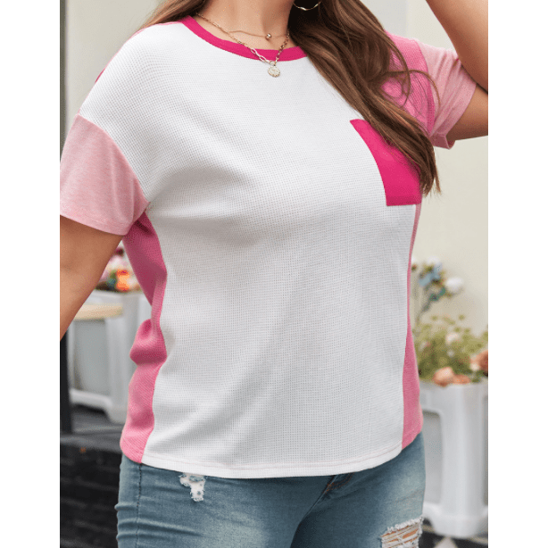 Shermaine Peach Blossom Colorblock Patchwork PLUS SIZE T-shirt