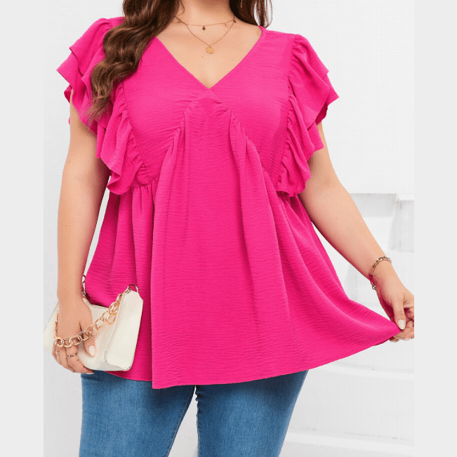 Laken Hot Pink PLUS SIZE Ruffle V Neck Tie Back Tunic Top