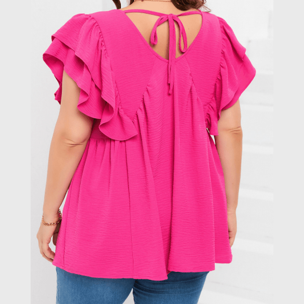 Laken Hot Pink PLUS SIZE Ruffle V Neck Tie Back Tunic Top