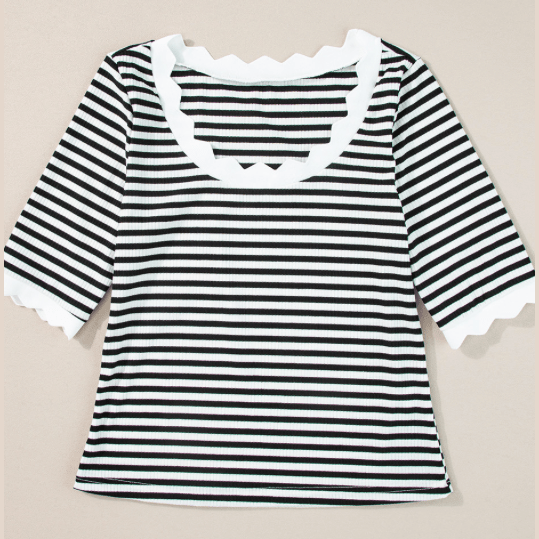 Vella Black Striped Contrast Scallop Trim Half Sleeve T-shirt