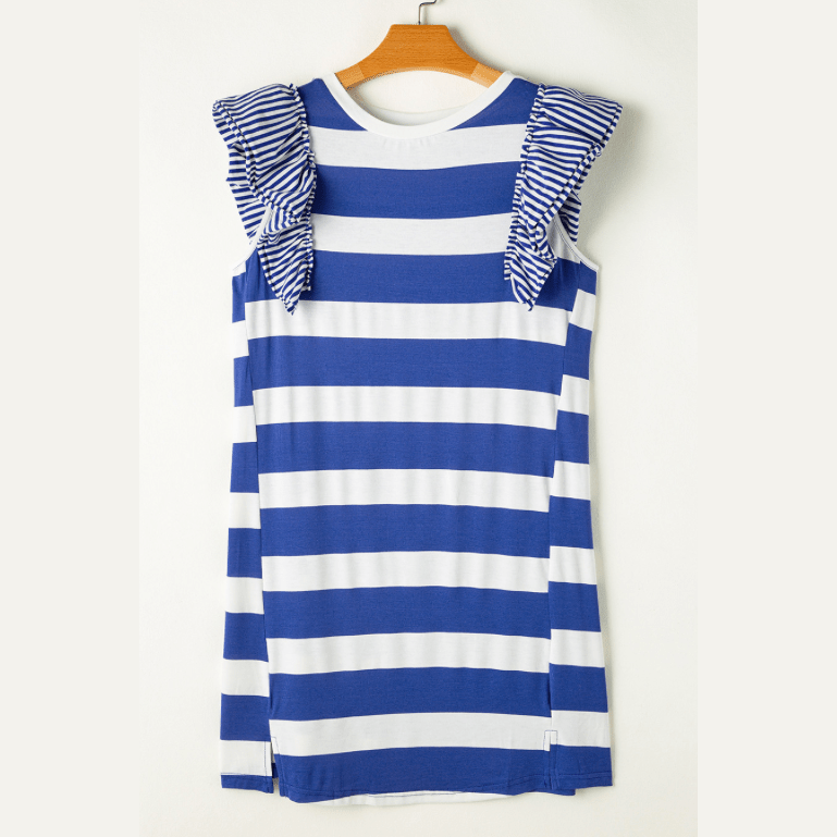 Letecia Blue Stripe Contrast Ruffled Sleeve T-shirt Dress