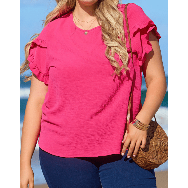 Kitta Bright Pink Ruffled Short Sleeve PLUS SIZE Top